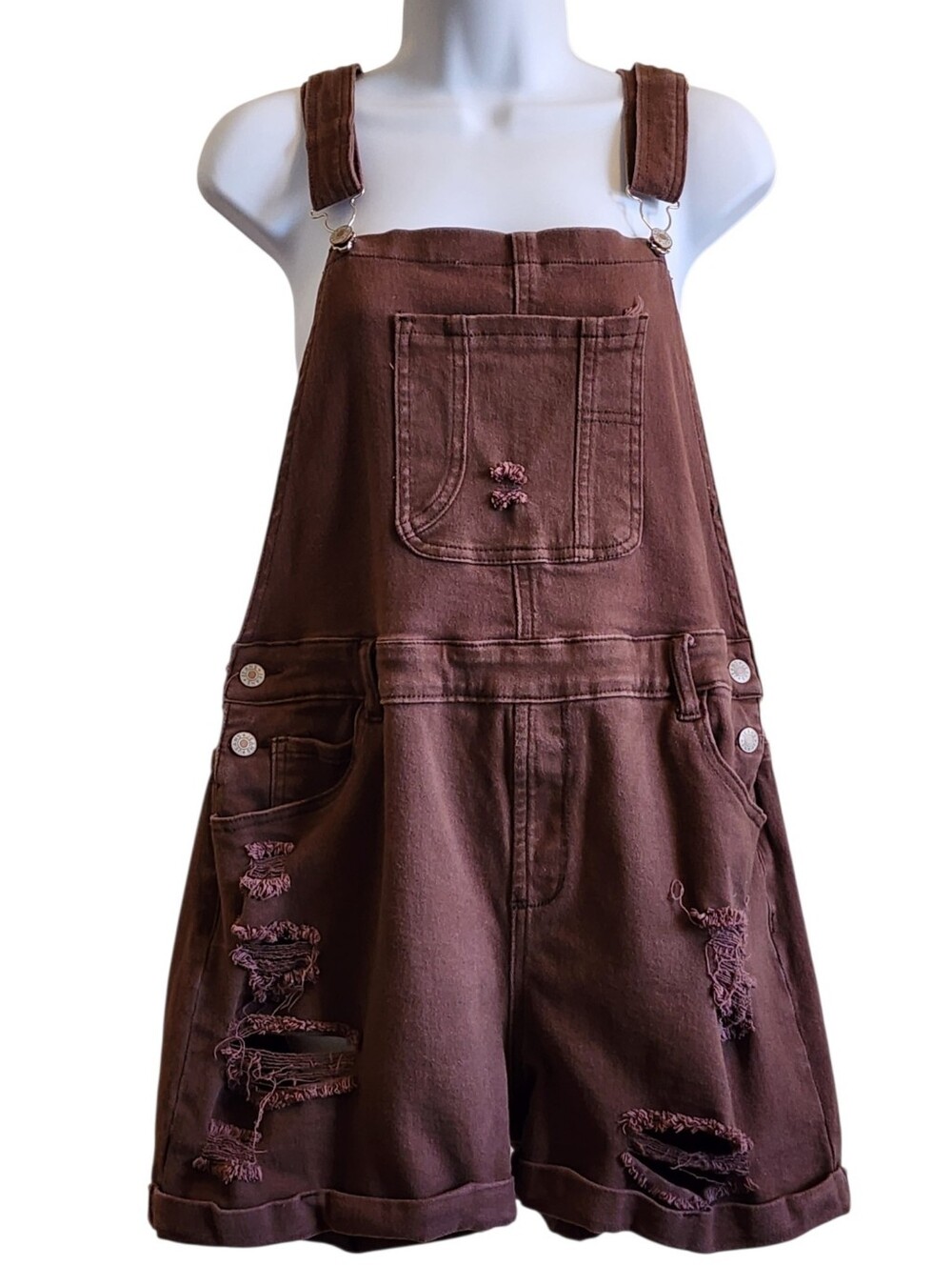 Overall brown denim shorts distressed casual adjustable straps, pockets, fun! - Picture 2 of 14